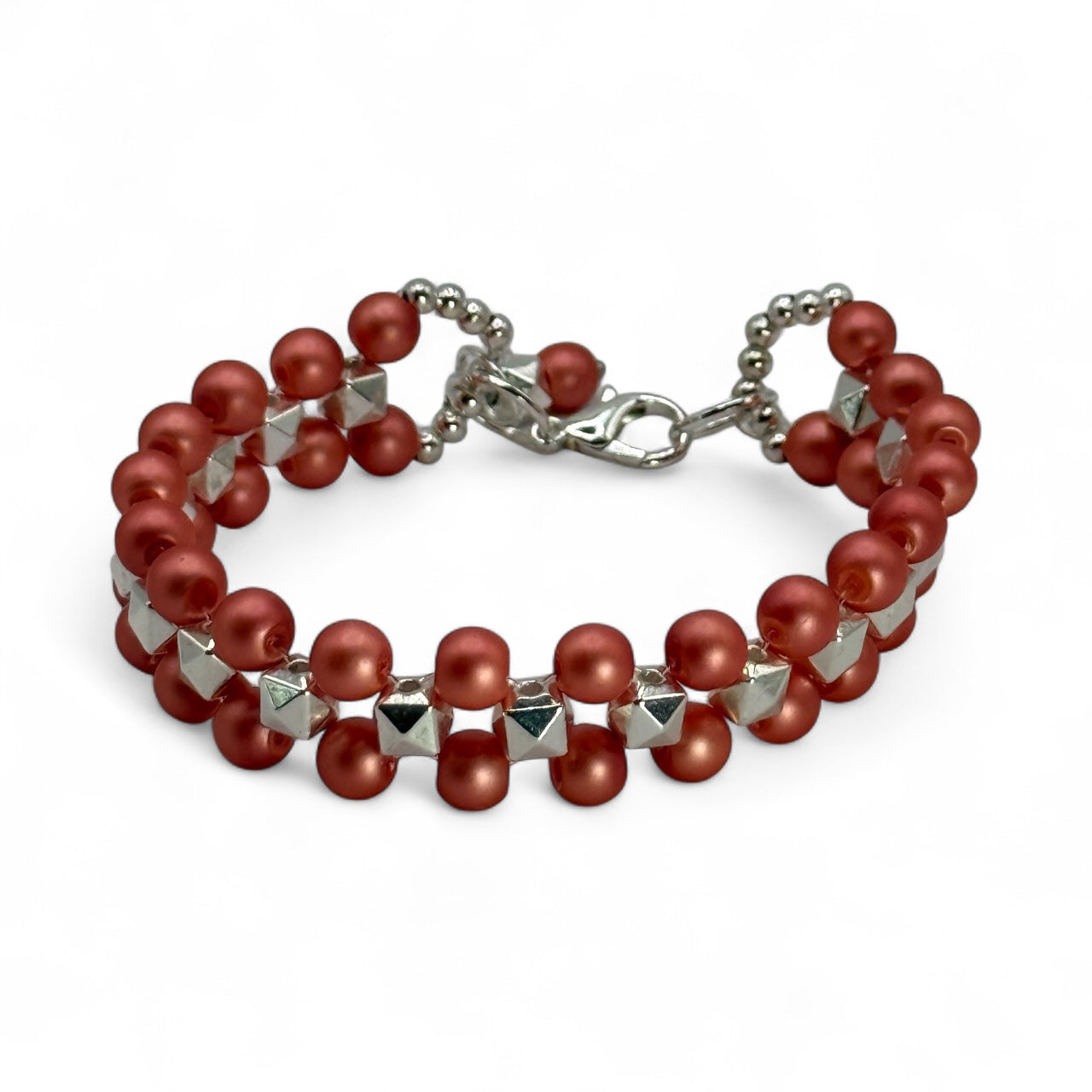 Salmon Pearl and Silver Pyramid Bead Bracelet | 7.5”-7.75” Double Strand Clasp Bracelet | Handmade Jewelry Gift for Her