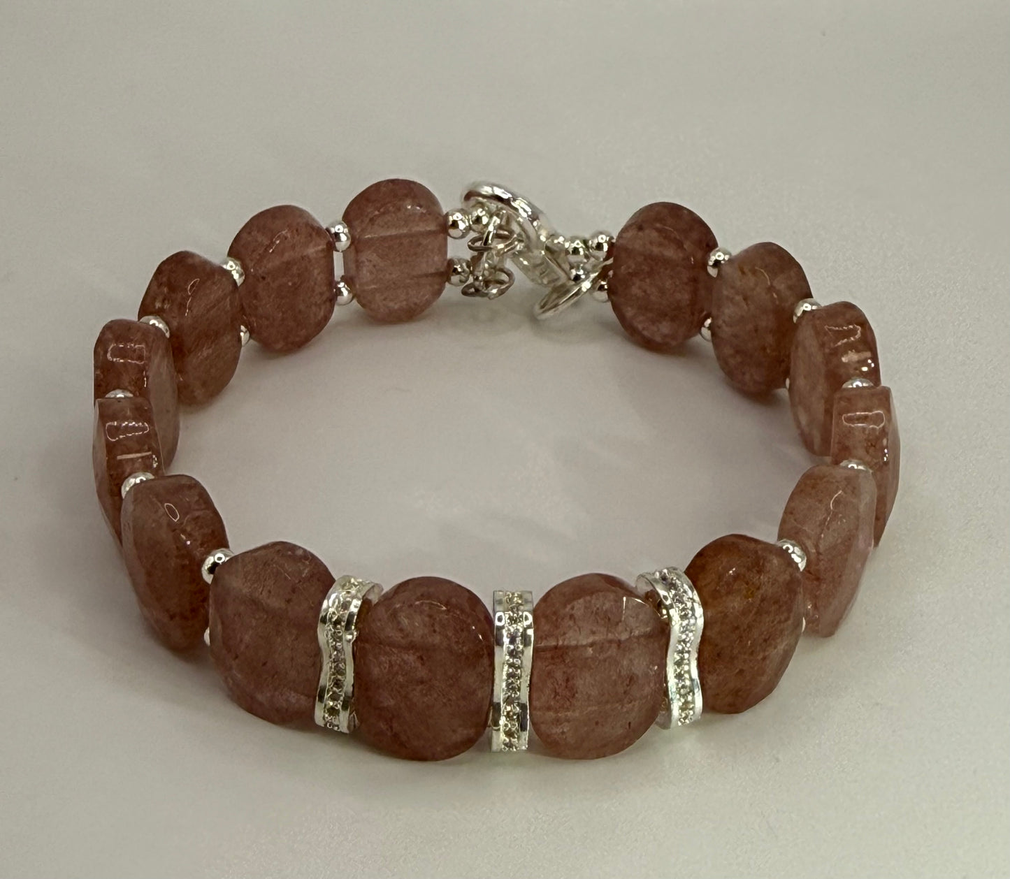 Strawberry Quartz Bracelet 7.5" • Handmade Pink Stone Bracelet • Silver Accent Beaded Bracelet