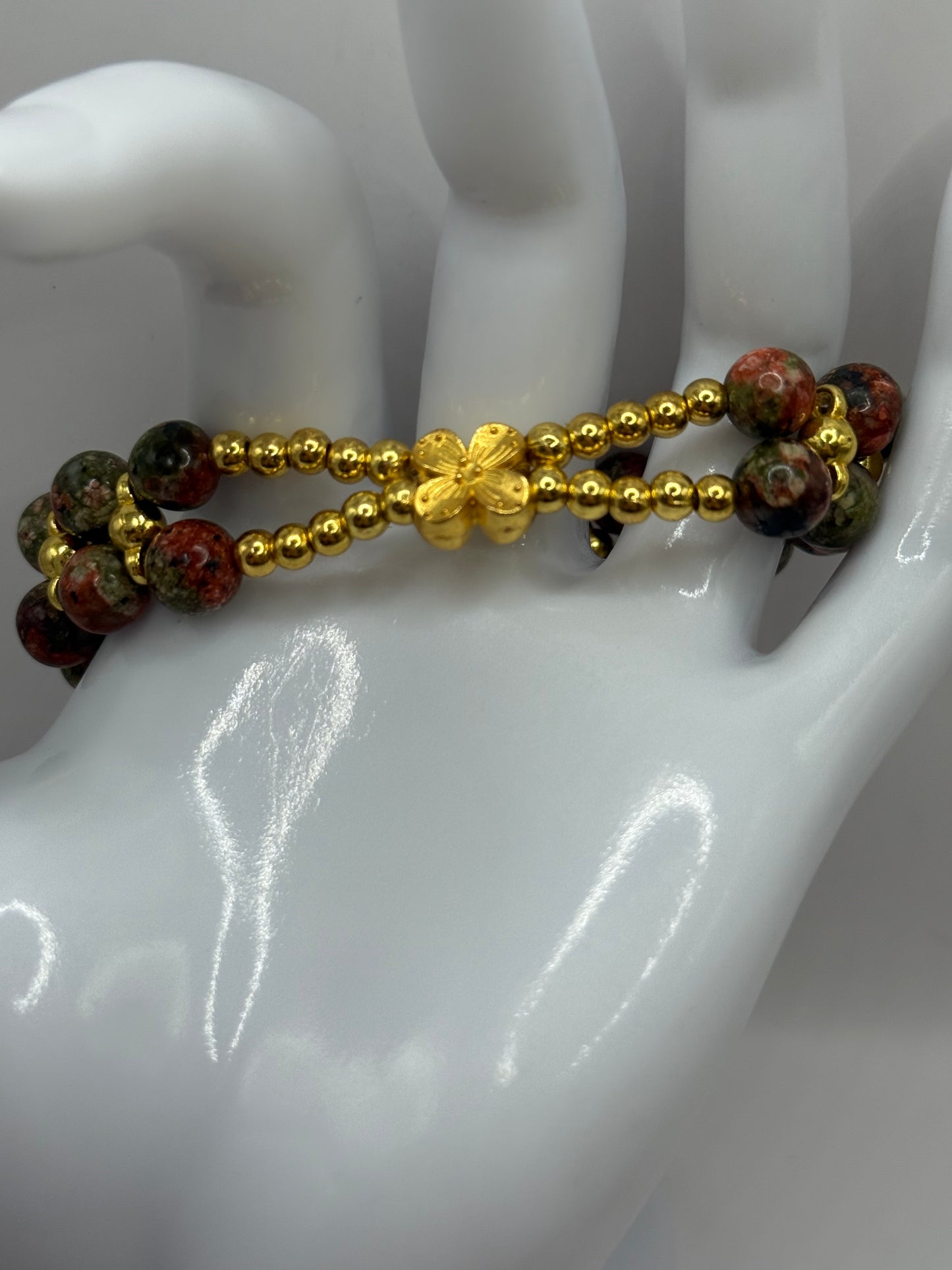 7” Unakite Gemstone Stretch Bracelet with Gold Accents | Free Resizing | Earthy Boho Jewelry