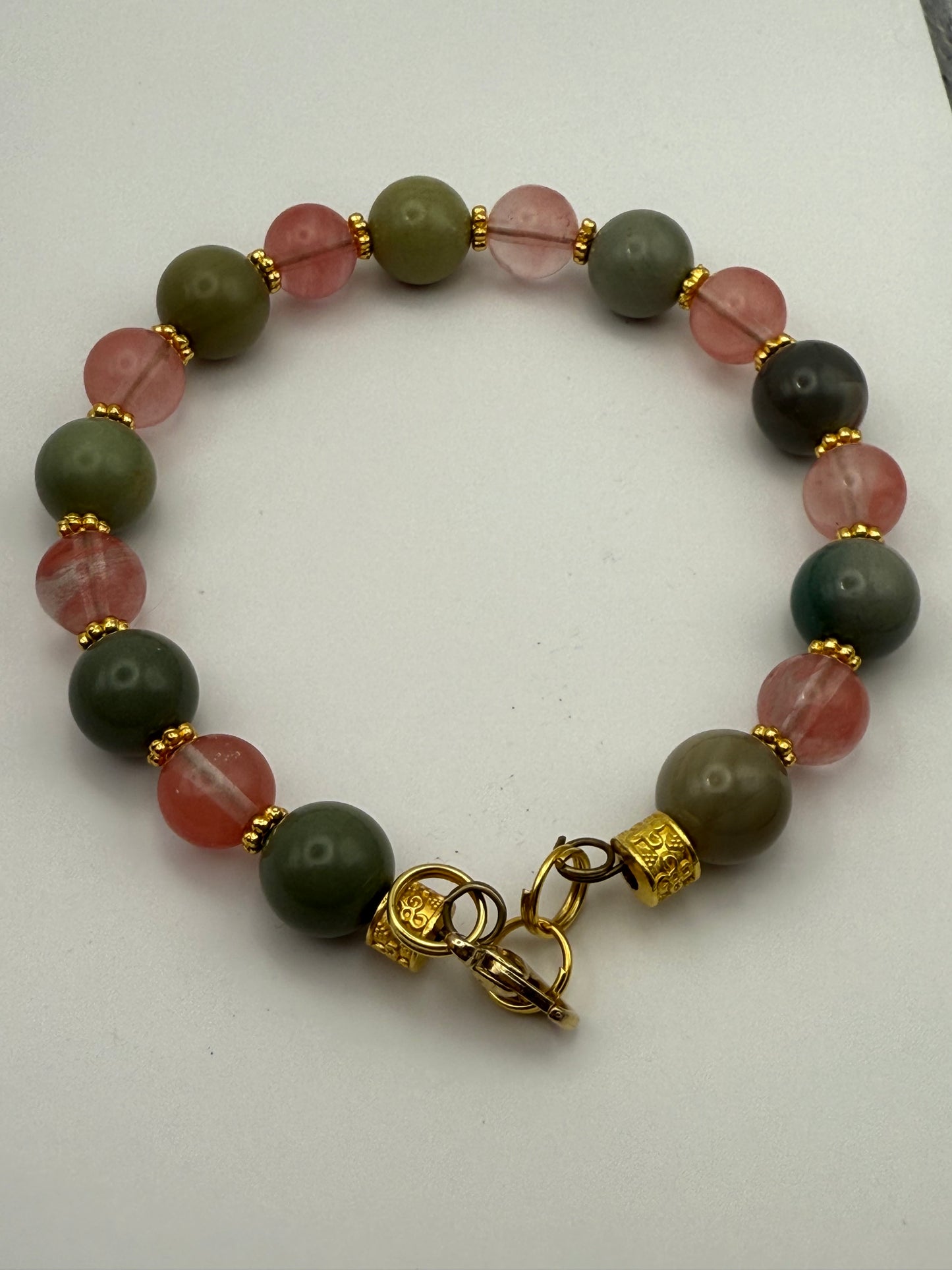 Strawberry Quartz and Green Alashan Bracelet 7.5"