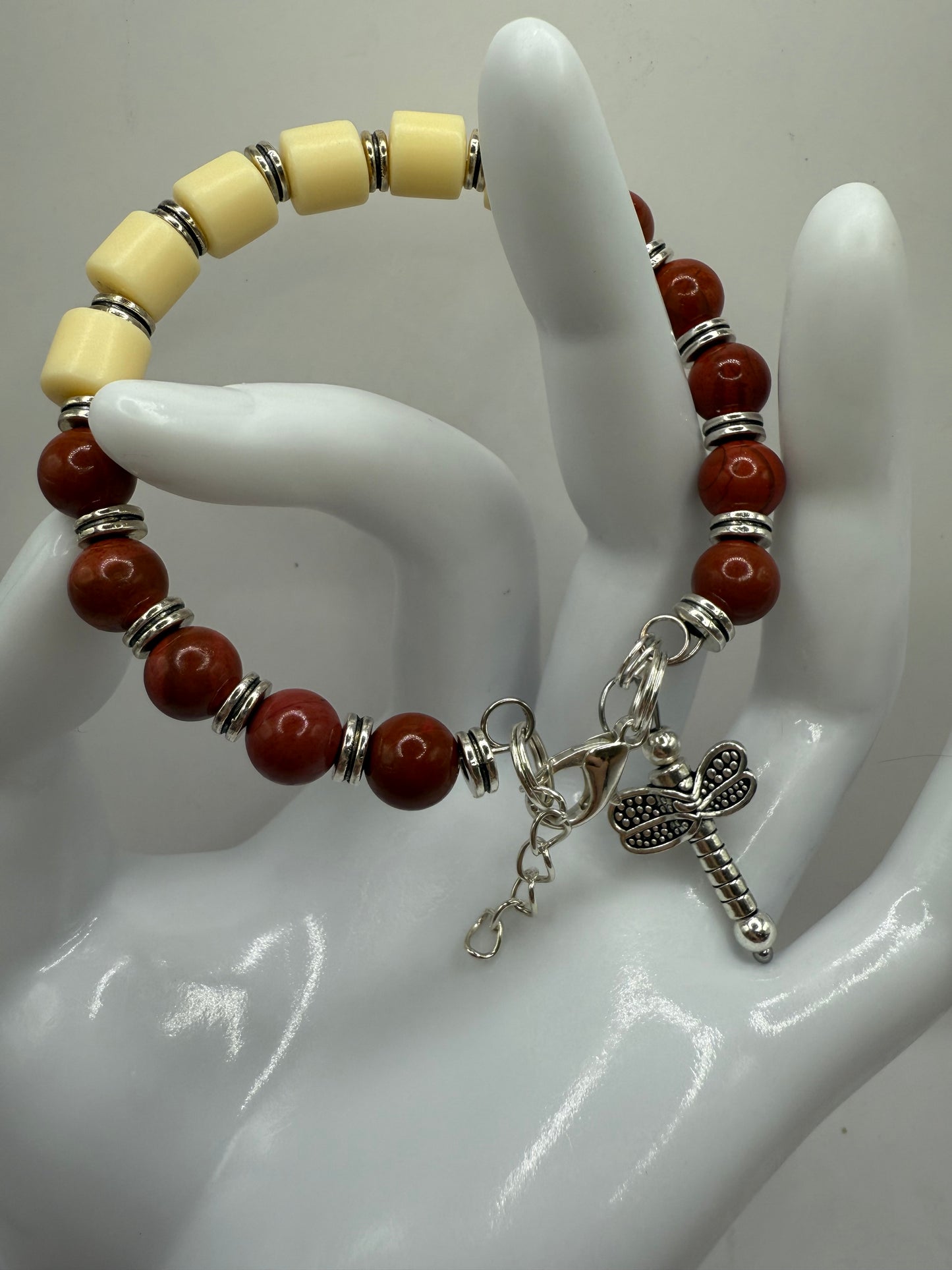7.5” Red Jasper & Bodhi Bead Clasp Bracelet with Silver Dragonfly Charm | Grounding Gemstone Jewelry | Free Resizing
