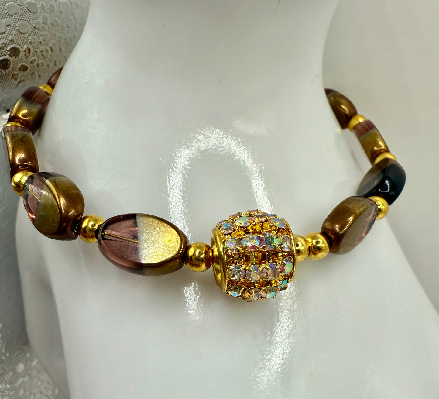 7.5” Gold and Purple Glass Bead Bracelet with Crystal Focal – Handmade Elegant Jewelry Gift