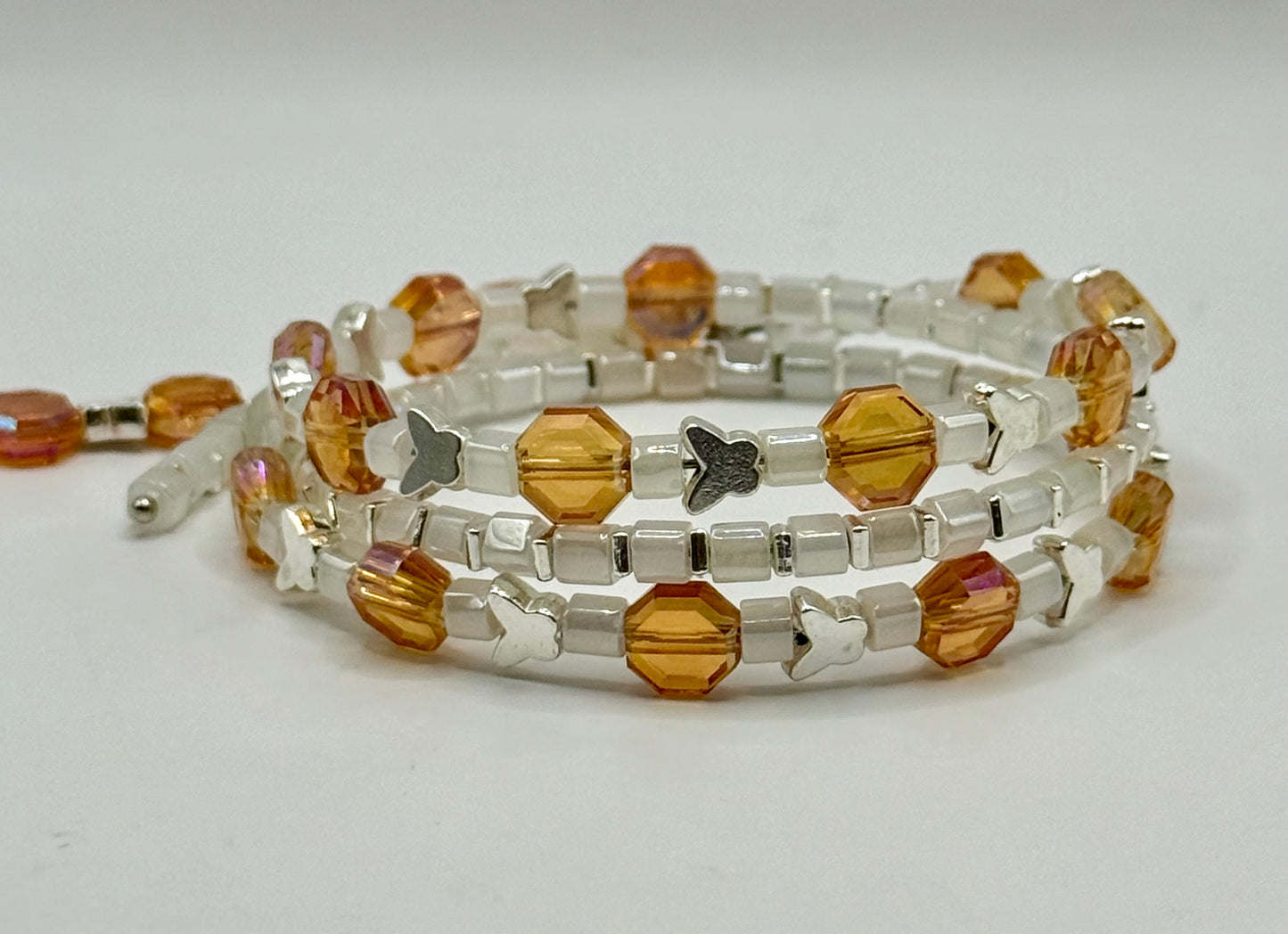 Amber & Ivory Beaded Wrap Bracelet | Butterfly Accent | Handmade Coil Bracelet | Adjustable One-Size Fits Most | Fall Jewelry Gift