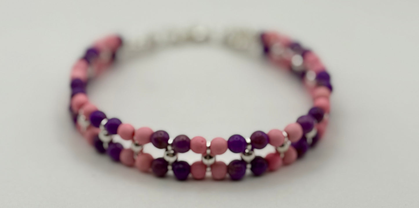 Phosphosiderite and Pink Turquoise Double Band Bracelet 7.5"