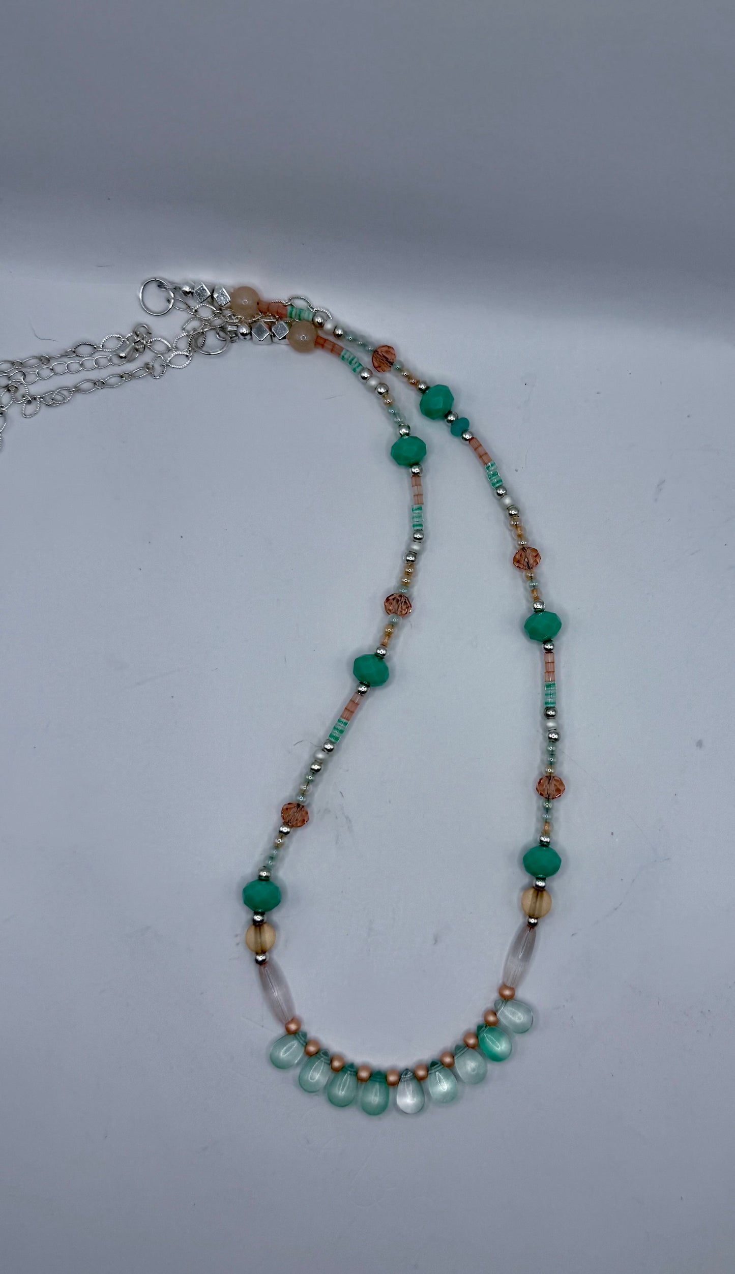 Aqua Glass Teardrop Beaded Necklace – 24” Handmade Boho Pastel Statement Piece