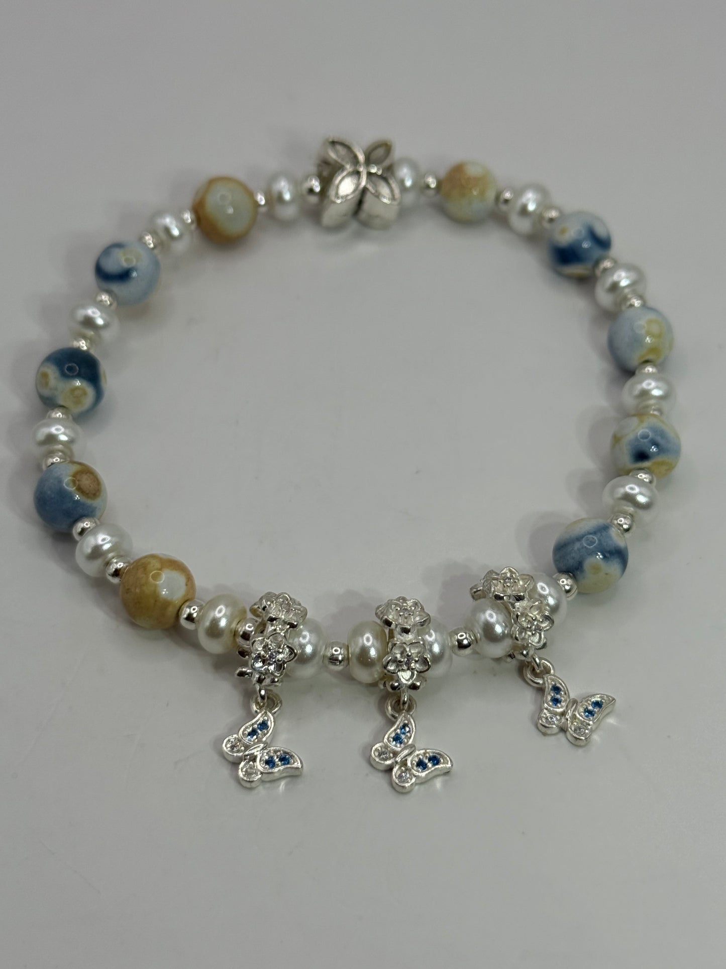 Handmade Orca Agate Stretch Bracelet with Butterfly Charms | 8” Adjustable
