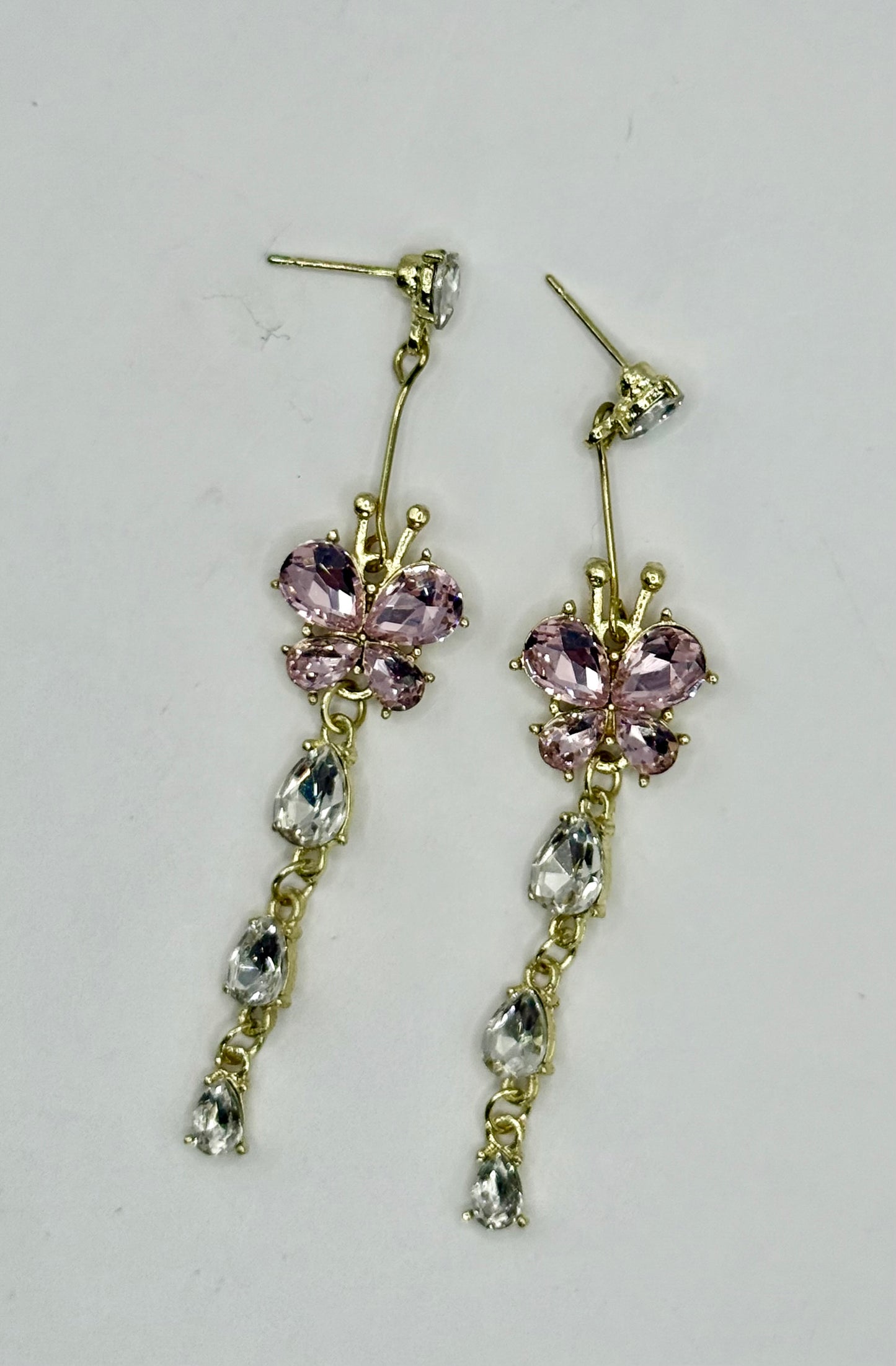 Pink Butterfly Drop Earrings – Crystal Rhinestone Dangle Earrings, Gold Tone Statement Jewelry, Elegant Gift for Her