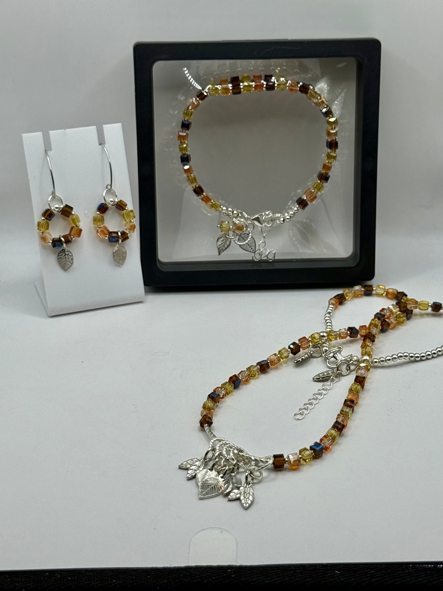 Autumn Jewelry Set – 20” Necklace, 8” Bracelet & Earrings | Fall Leaf Charm Beaded Set | Handmade Gift for Her