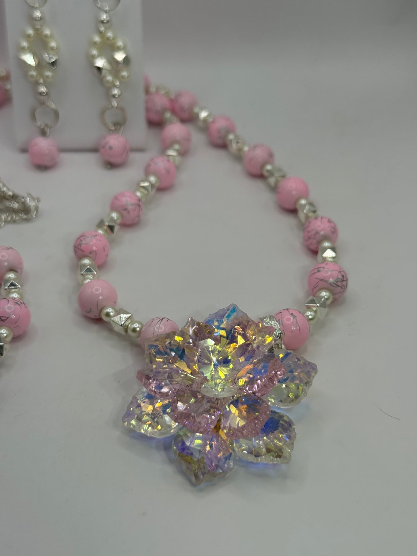 Pink Beaded Necklace with Crystal Flower Pendant – 26” Handmade Jewelry Set with Matching 8" Bracelet & Earrings