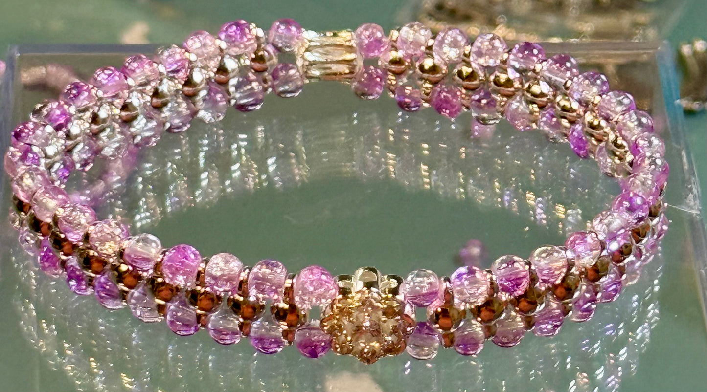 Light Purple Crackle Dual Strand Stretch Bracelet with Rhinestone Focal Bling 8"