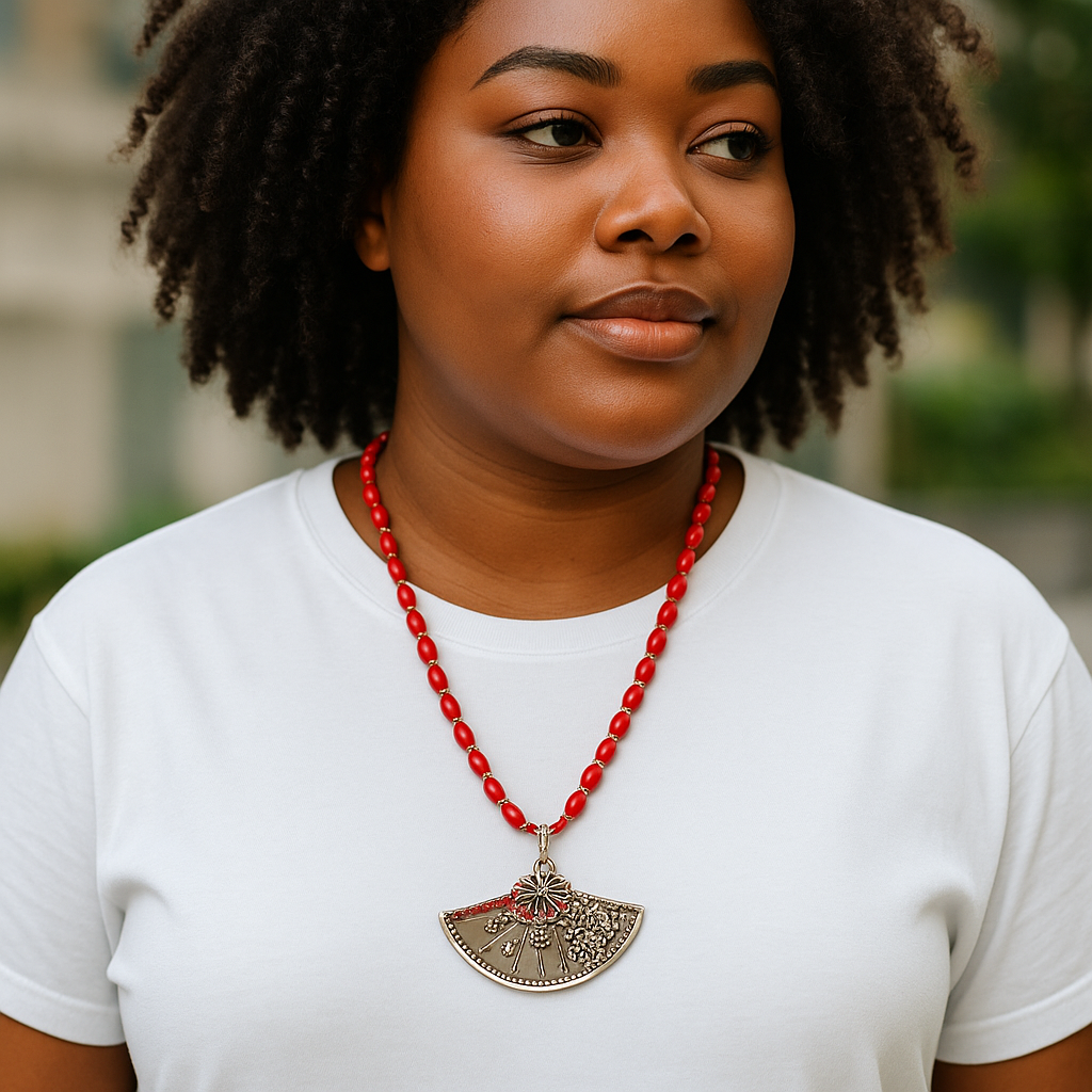Handmade 26” Coral Red Beaded Necklace with Silver Fan Pendant | Boho Statement Necklace | Asian-Inspired Jewelry | Bold Gift for Her