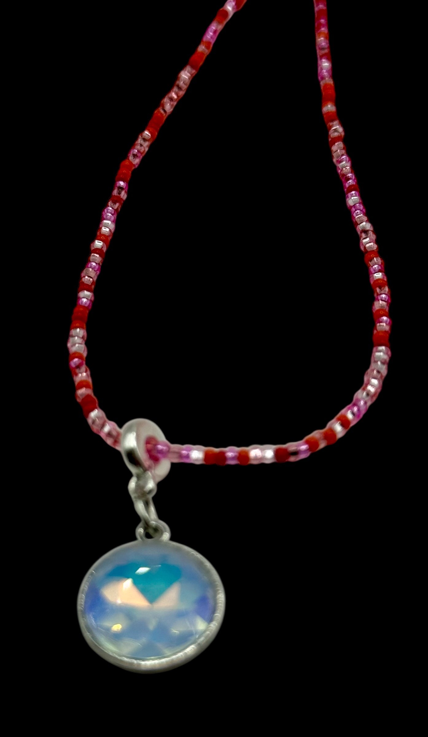 20” Delicate Czech Glass Beaded Necklace with Iridescent Pendant – Handmade Boho Jewelry
