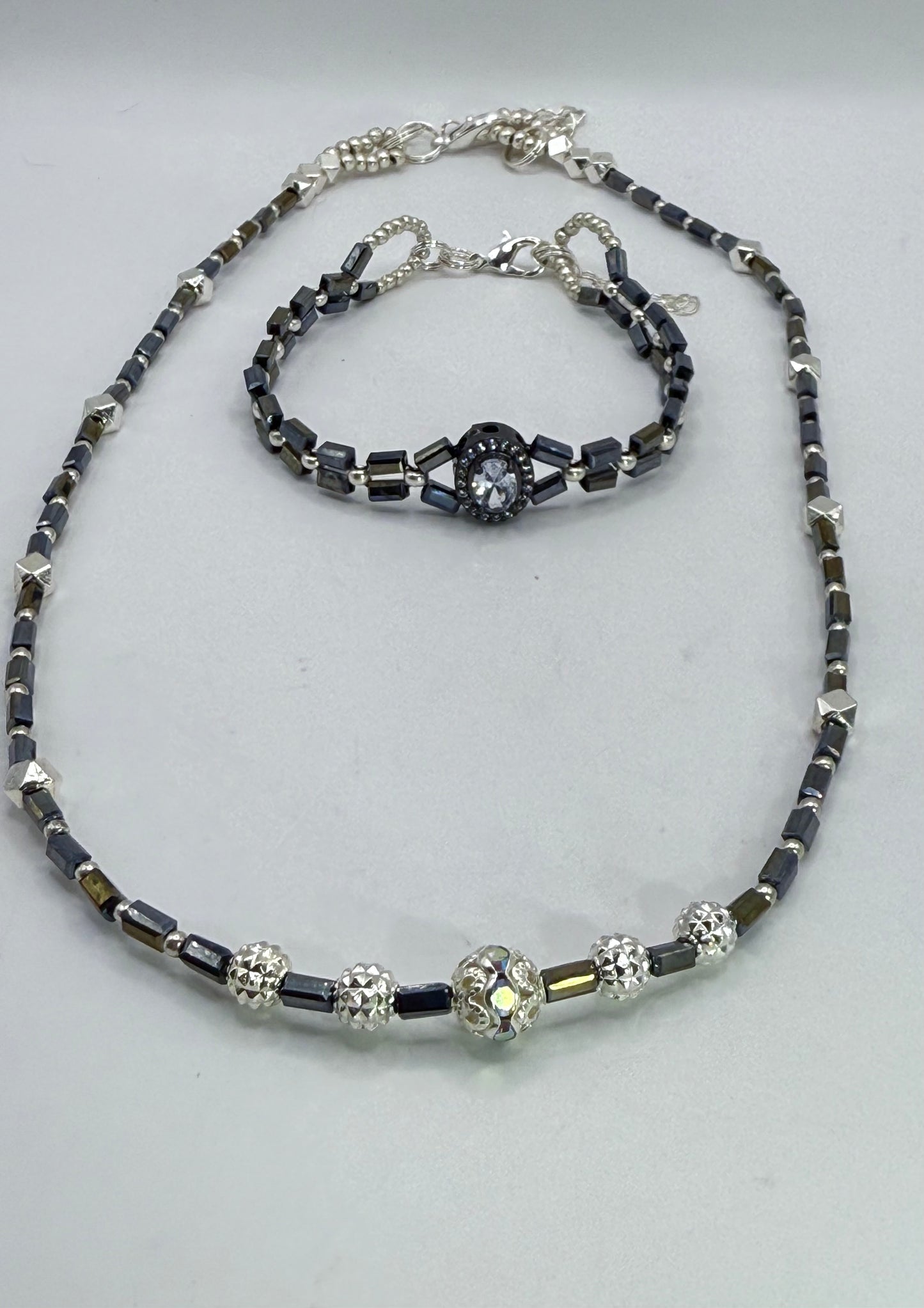 Hematite & Silver Glow Necklace/Bracelet Set – Handmade, Elegant, Unique (18” + 7.5”)