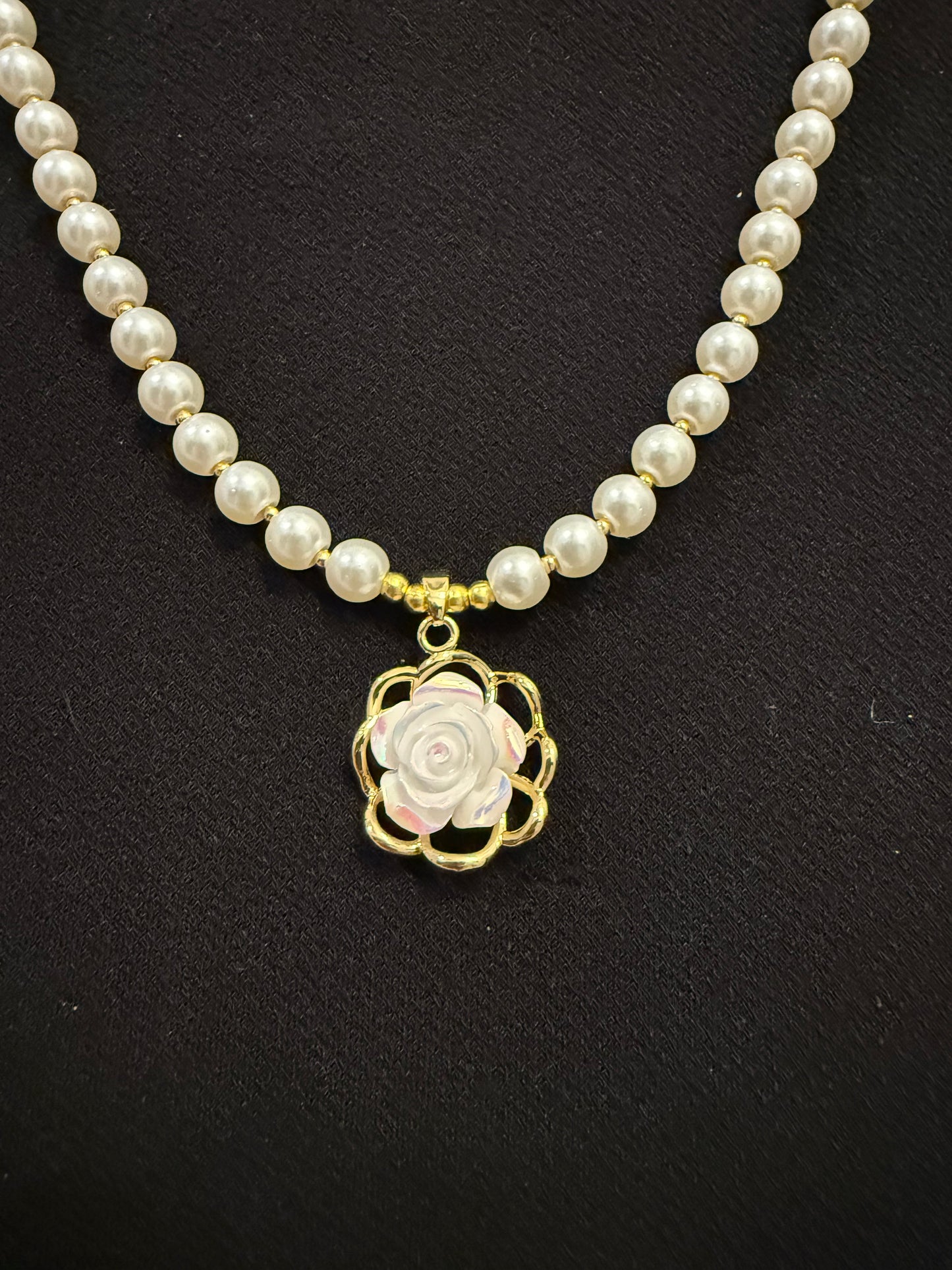 Handmade Glass Pearl Necklace with Iridescent Flower Pendant | 20 Inch Pearl Necklace | One of a Kind Jewelry | Made in Texas