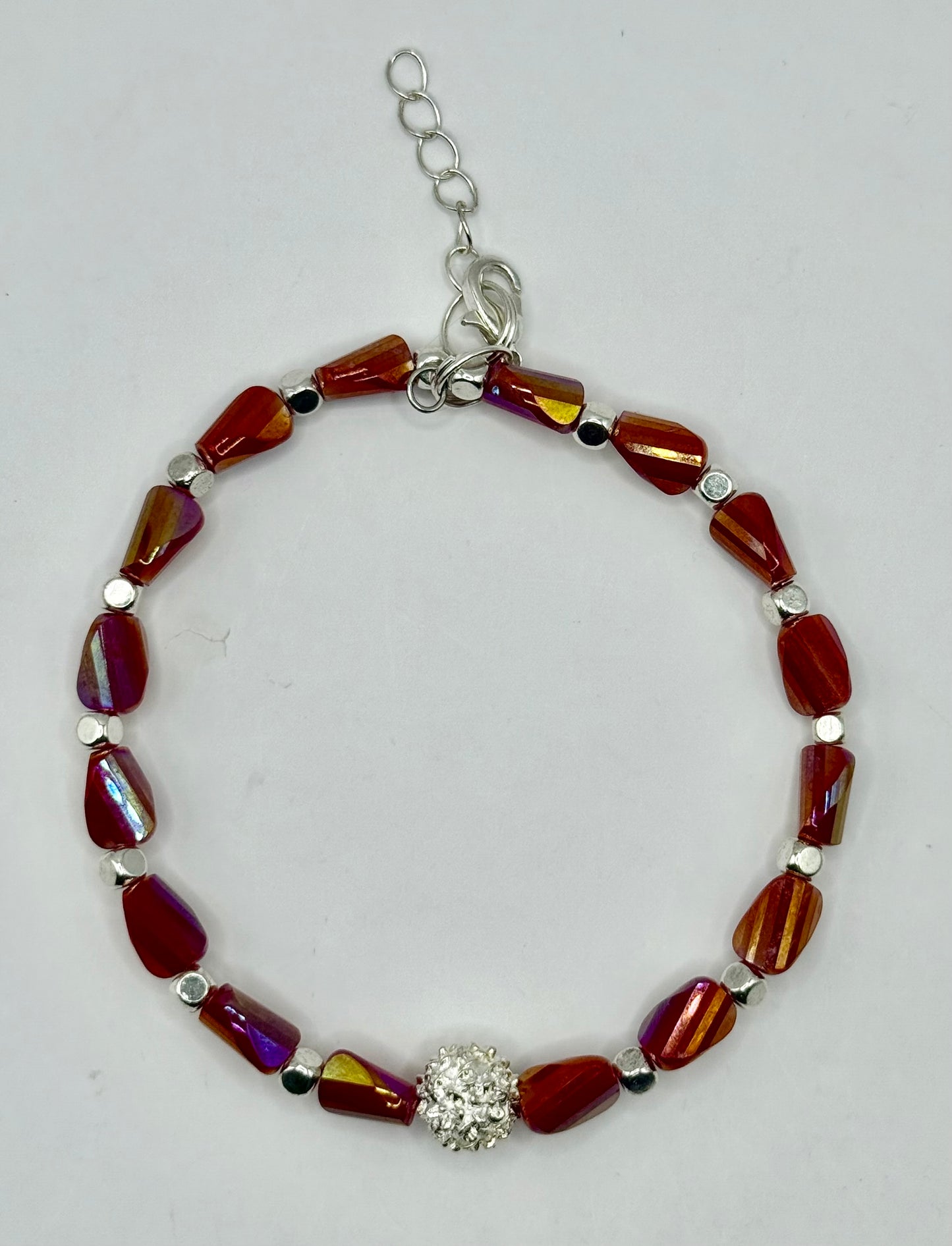 7.5” Fiery Red Glass Bead Bracelet with Sparkling Silver Accent – Handmade Statement Jewelry