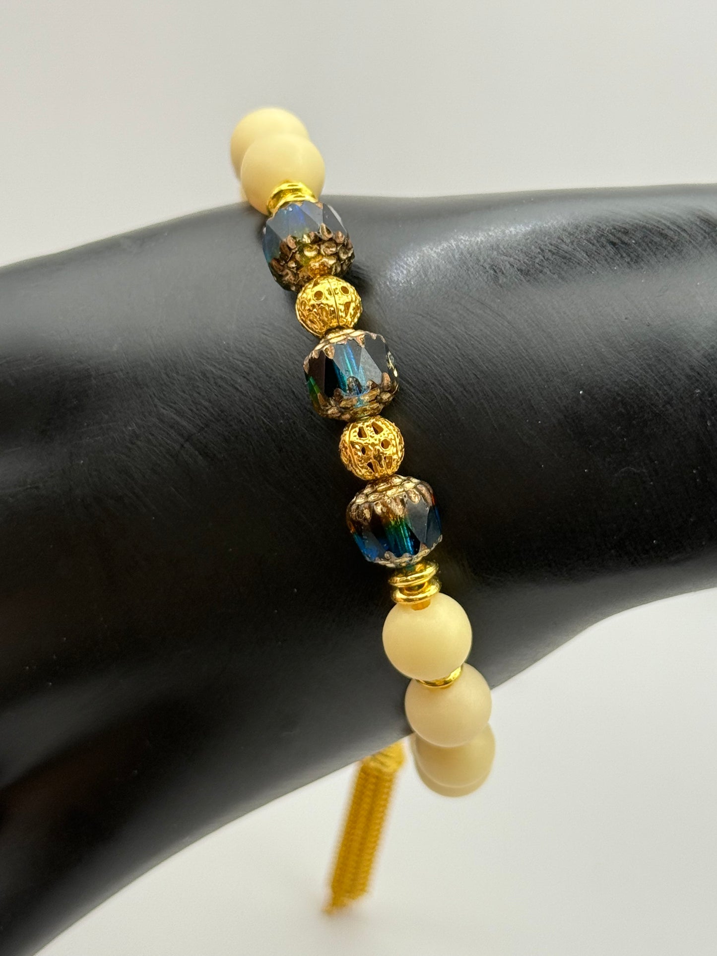 Yellow Tagua and Green Latern Focals with Golden Tassel Bracelet 7.5"