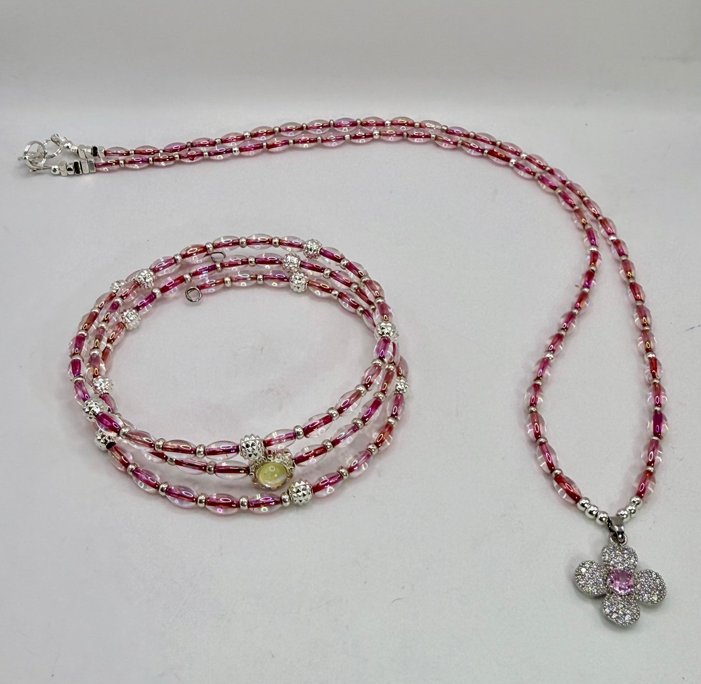 Pink Iridescent Beaded Necklace Set | 22” Necklace + Coordinating Wrap Bracelet | Floral CZ Charm