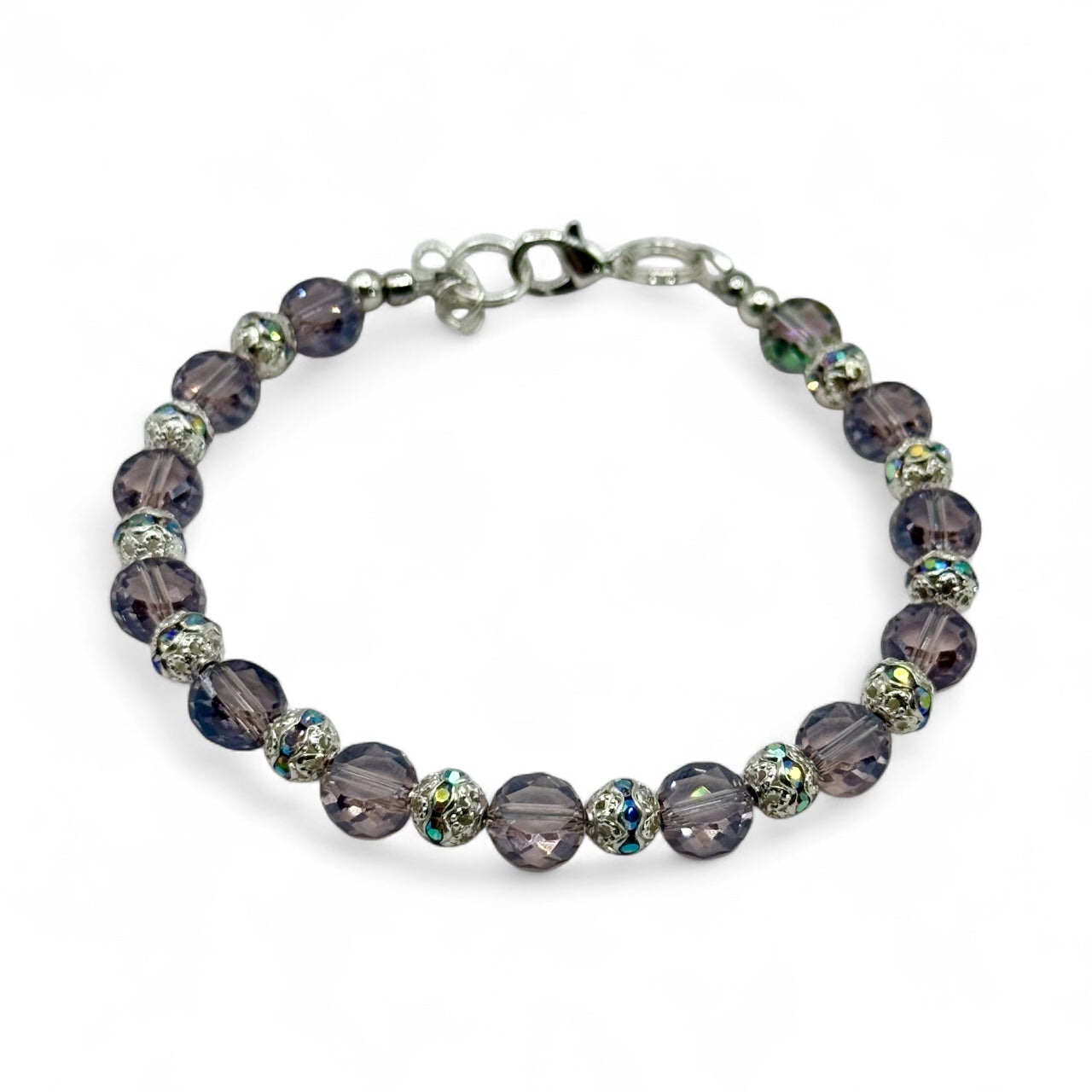 Violet Electroplated Glass Bracelet – 7.5” Clasp, Faceted Coin Beads, Handmade Jewelry Gift