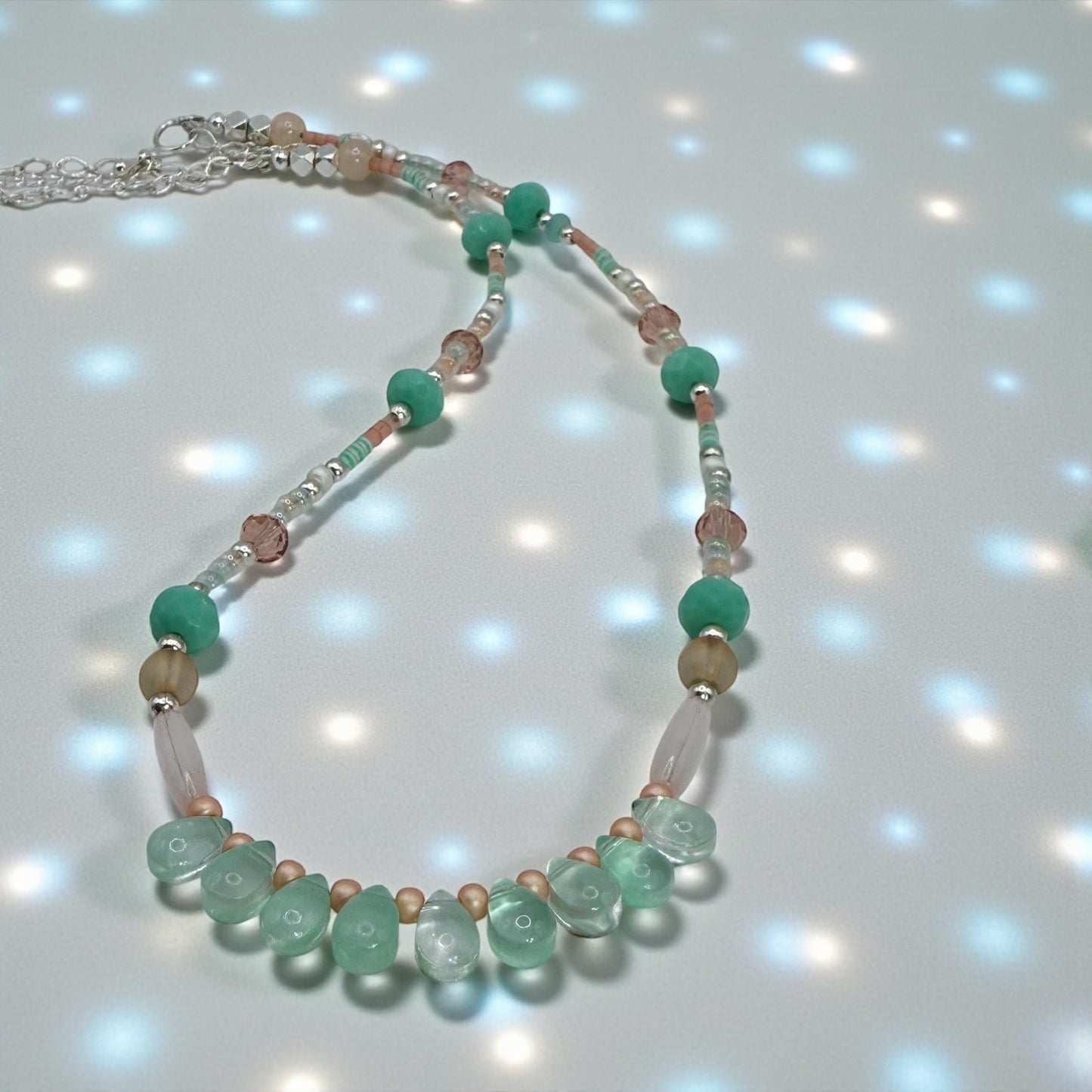 Aqua Glass Teardrop Beaded Necklace – 24” Handmade Boho Pastel Statement Piece