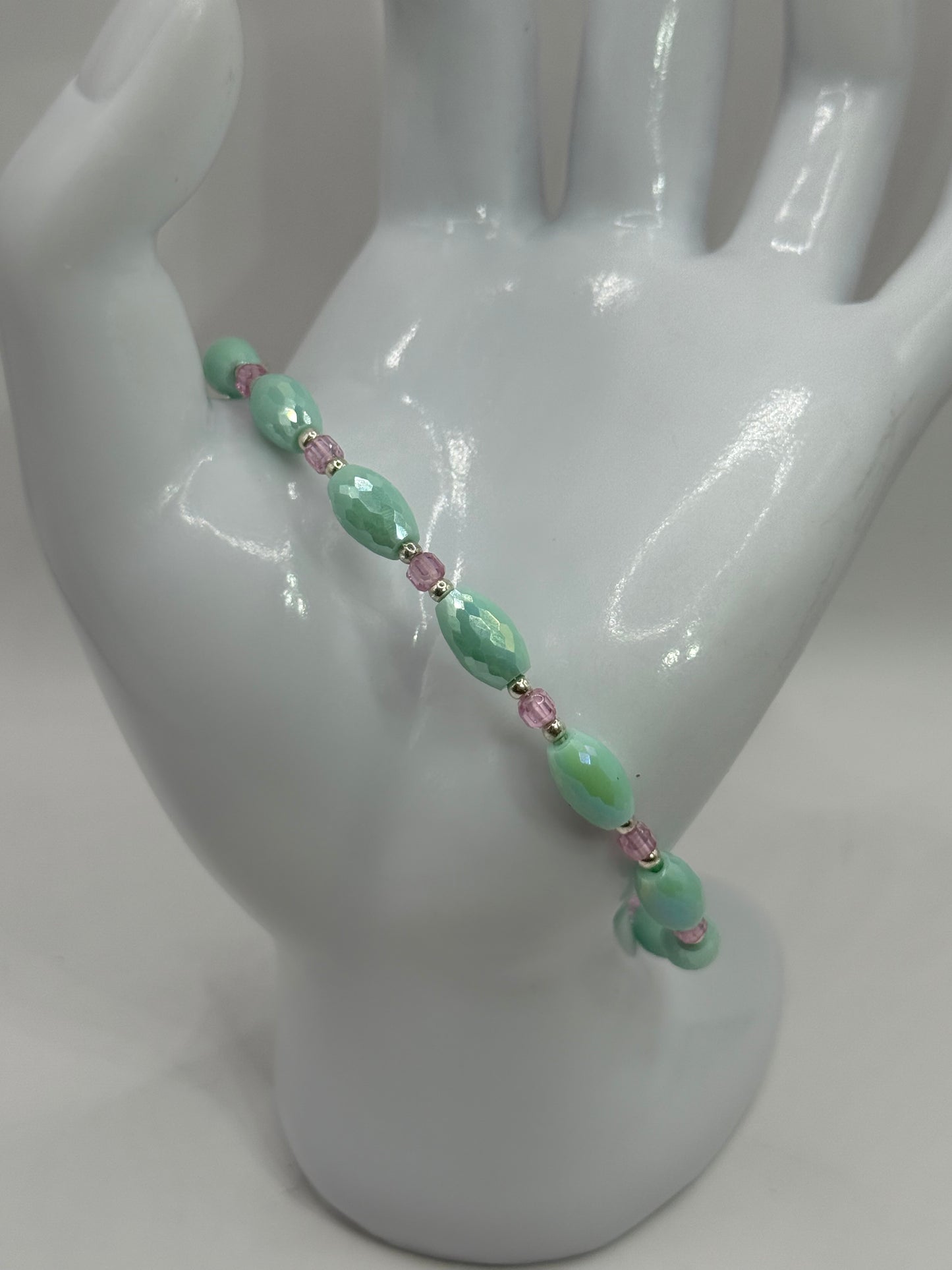 Handmade Seafoam Green & Pink Beaded Bracelet – 8” Faceted Glass Beads with Silver Clasp – Women’s Jewelry Gift