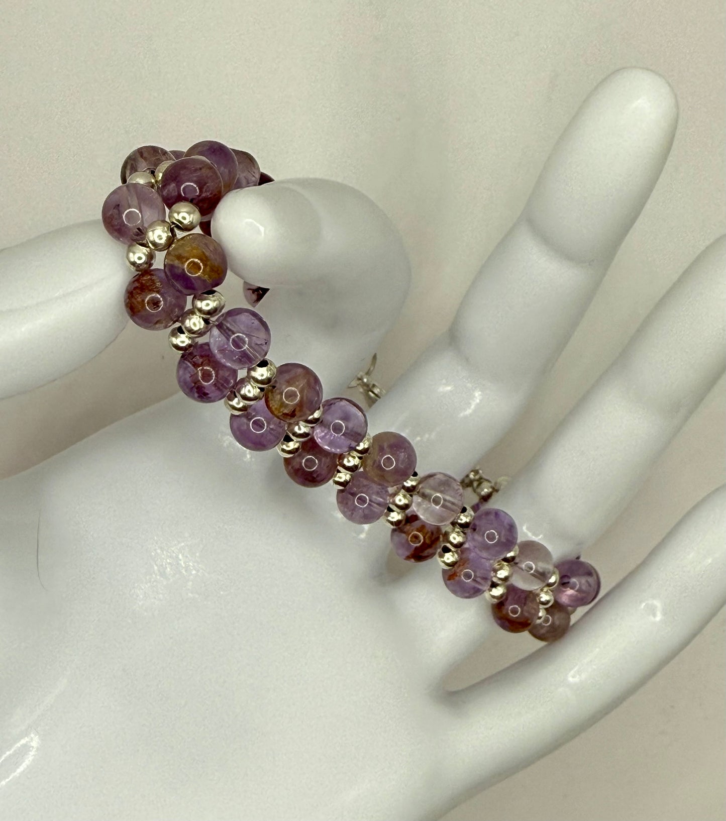 8” Amethyst & Silver Beaded Bracelet – Double Strand Gemstone Jewelry