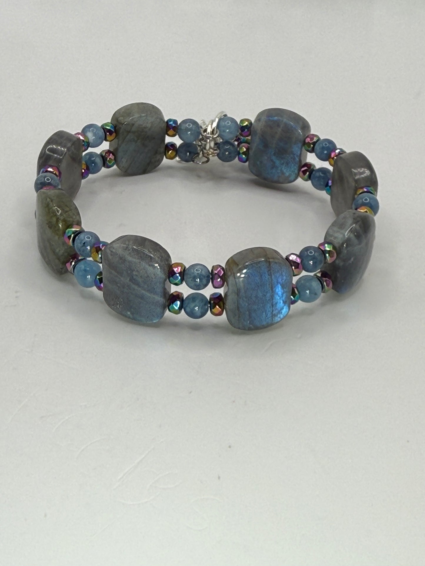 Labradorite Aquamarine Rainbow Hematite Double Bangle Bracelet | Adjustable 7.75–8” Clasp | Handmade Gemstone Jewelry