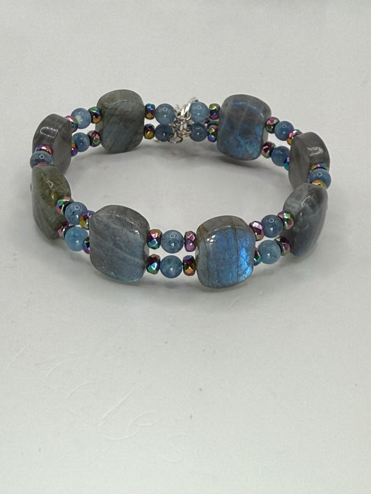 Labradorite Aquamarine Rainbow Hematite Double Bangle Bracelet | Adjustable 7.75–8” Clasp | Handmade Gemstone Jewelry