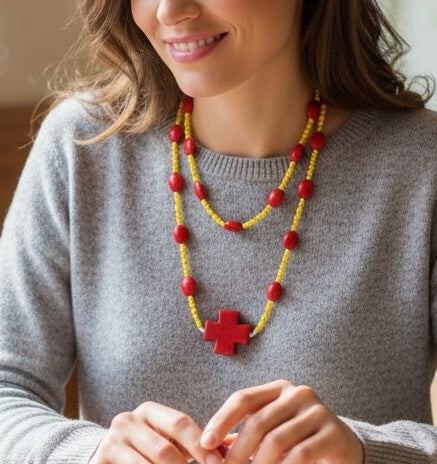 Red & Yellow Turquoise Layered Necklace Set | 30” & 20” Beaded Necklaces