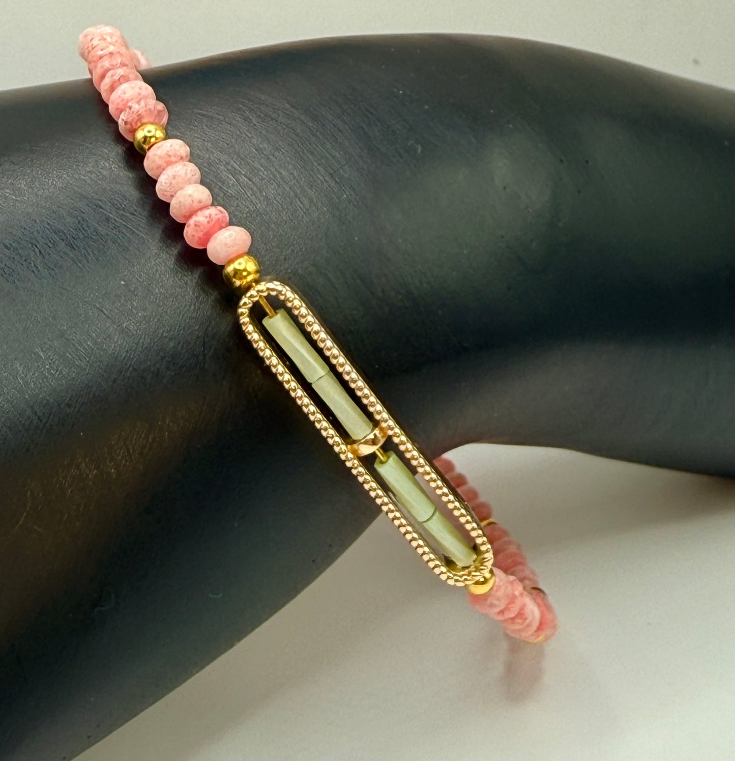 Pink Freckled Jade Donut Bead Bracelet, 7.75–8 Inch Beaded Bracelet, Handmade Jade Jewelry