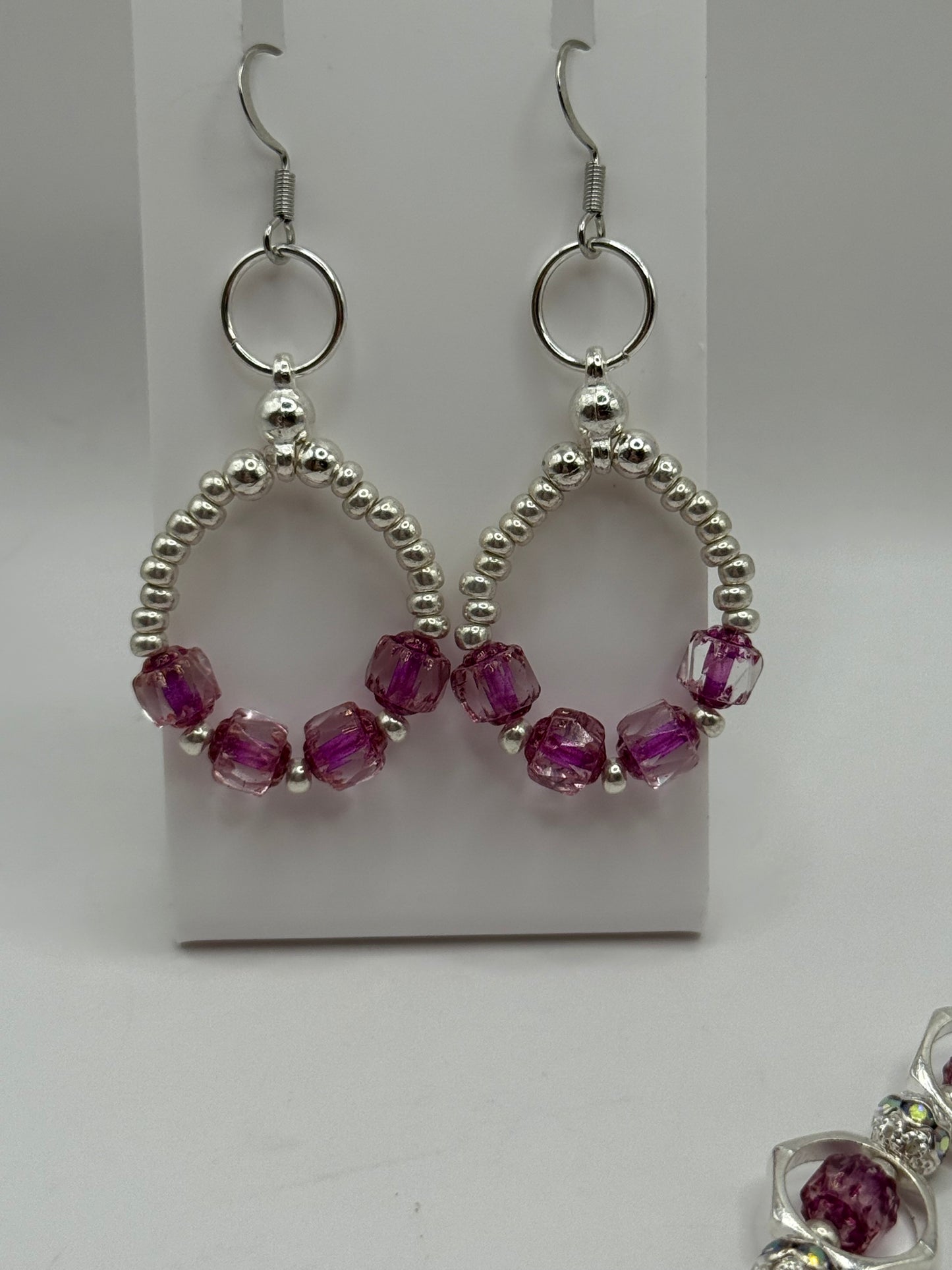 Bright Pink Lantern Bead Bracelet | 7.75” Silver Framed Stretch Bracelet with Complimentary Earrings | Sparkling Handmade Jewelry by LuckyCharm Boutique TX