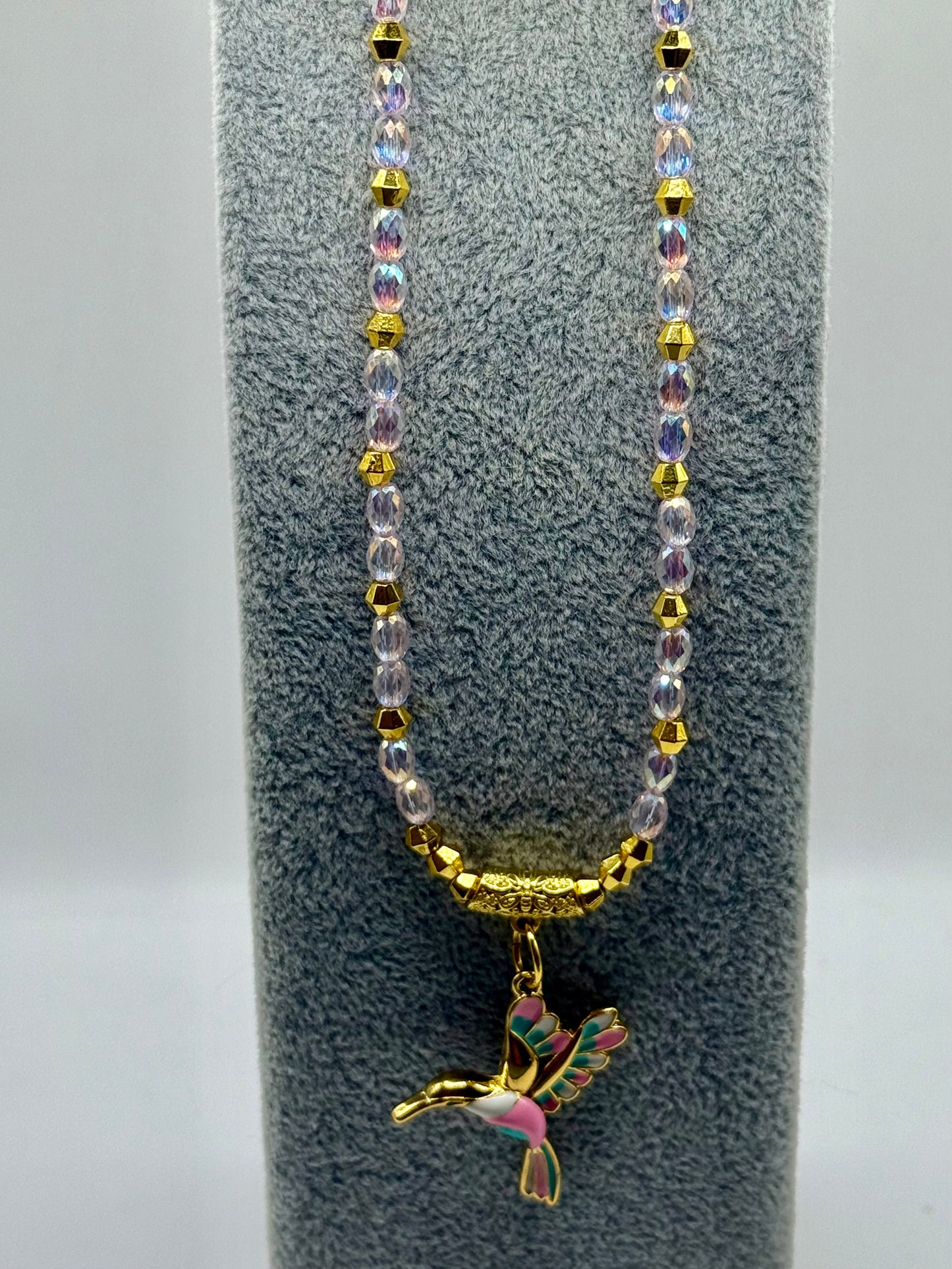 Pink Faceted Glass Necklace with Hummingbird Pendant – 18” Sparkly Beaded Necklace with Gold Accents – Free Matching Earrings Included