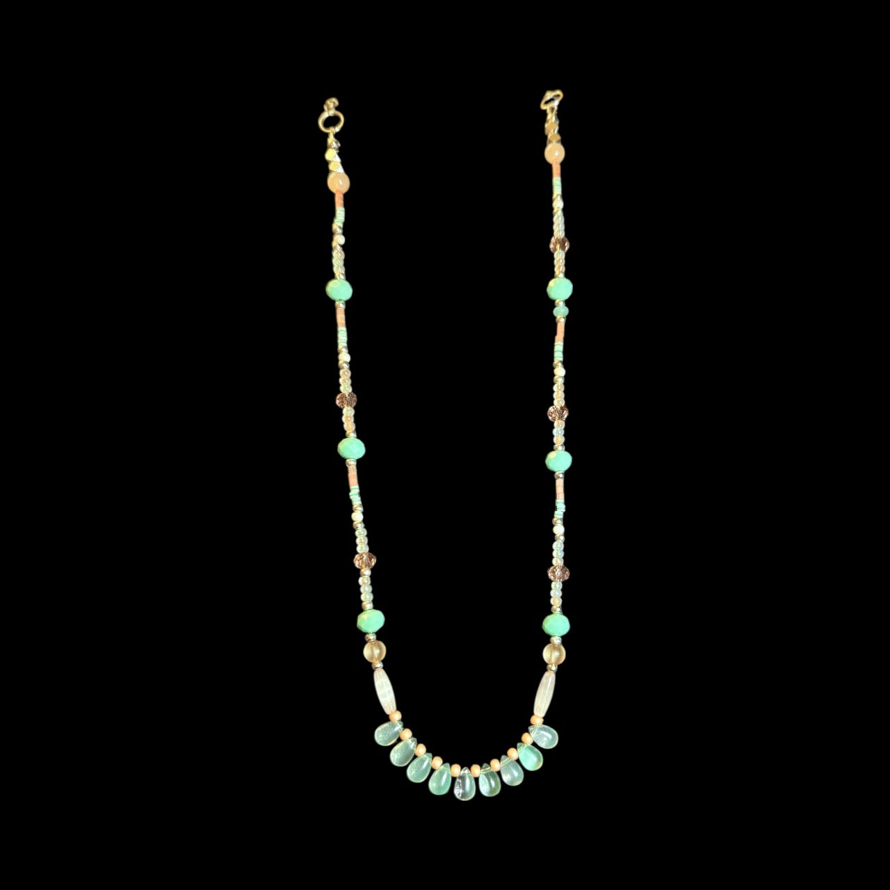Aqua Glass Teardrop Beaded Necklace – 24” Handmade Boho Pastel Statement Piece