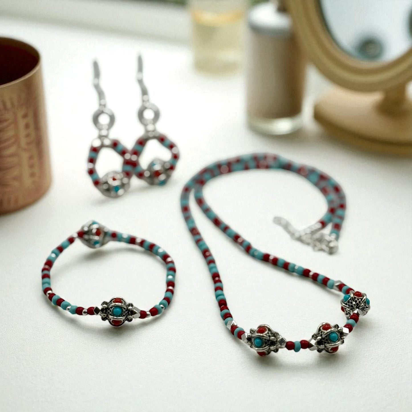 Southwestern Turquoise & Red Beaded Jewelry Set – 24” Necklace, 8” Stretch Bracelet & Earrings