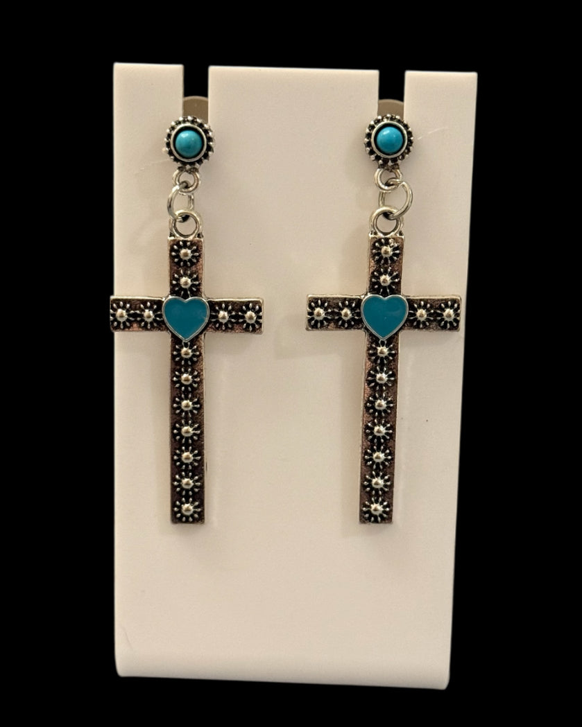 Western Cross Earrings with Turquoise Heart – Vintage Style Dangle Earrings – Faith Inspired Boho Jewelry Gift for Her
