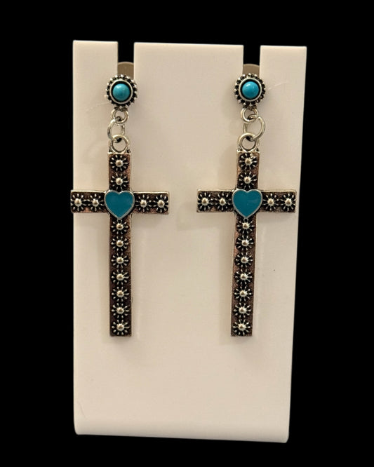 Western Cross Earrings with Turquoise Heart – Vintage Style Dangle Earrings – Faith Inspired Boho Jewelry Gift for Her