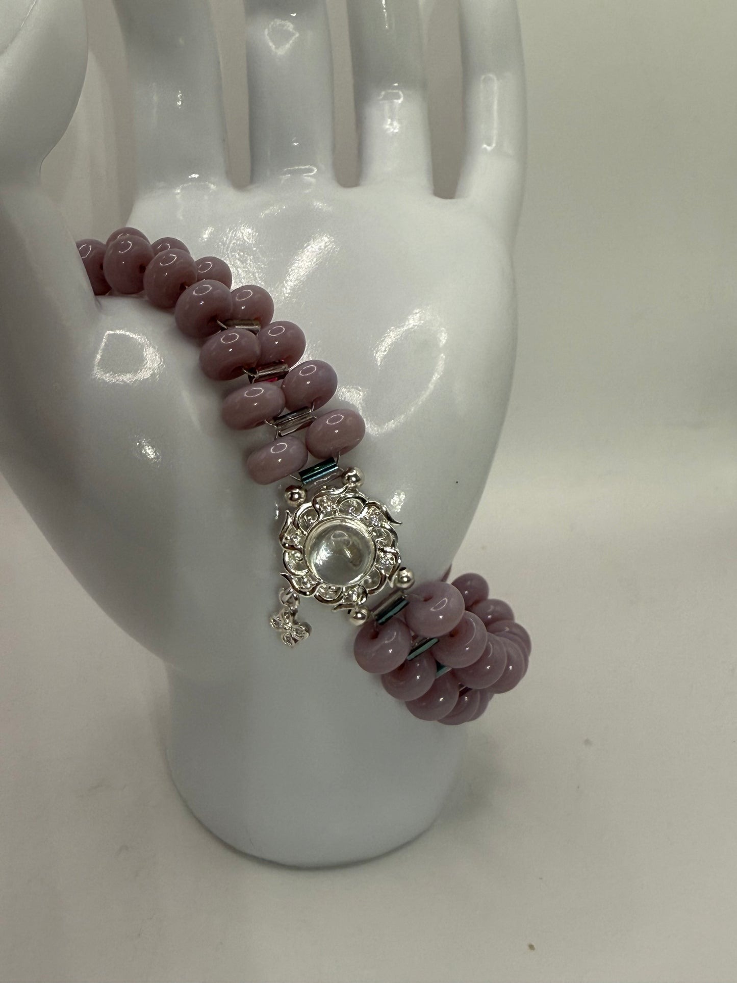 Handmade Double Band Mauve Glass Bead Clasp Bracelet – 8.25” Adjustable | Elegant Silver Floral Charm Jewelry