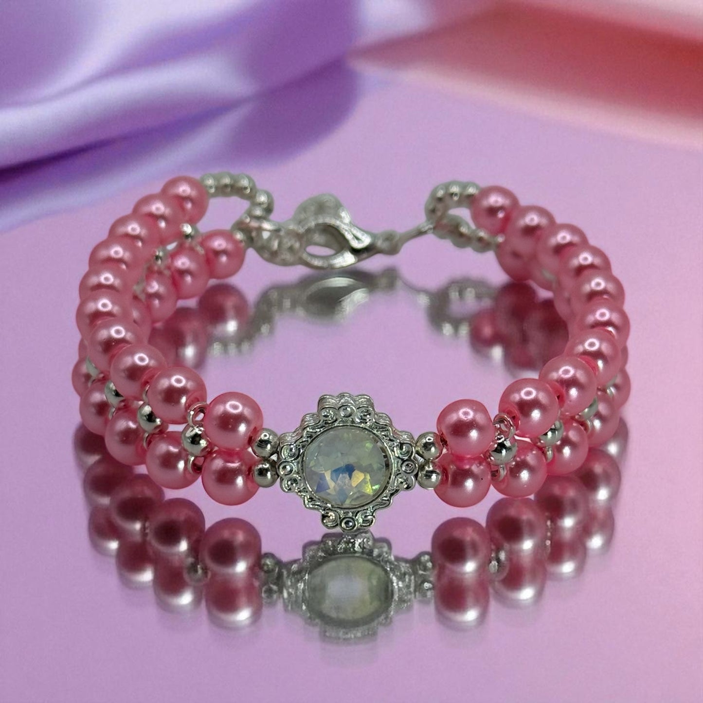 Pink Glass Pearl Bracelet with Opal Iridescent Focal | 8” Handmade Beaded Bracelet | Elegant Jewelry Gift for Her