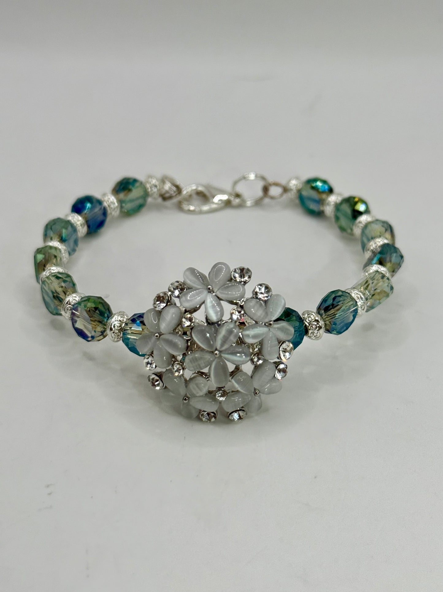 White Floral Crystal Bracelet – 7.5” Beaded Clasp Bracelet | Handmade Jewelry | Sparkling Gift for Her