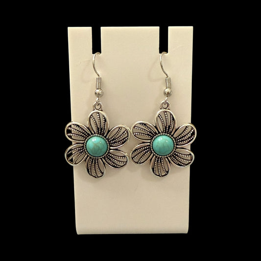 Turquoise Howlite Flower Earrings | Boho Floral Dangle Drops | Silver-Tone Western Jewelry | Gift for Her