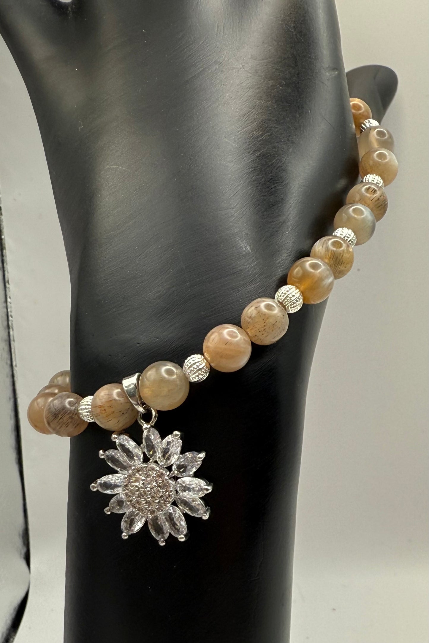 Sunstone Elastic Bracelet with Silver Daisy Focal Charm