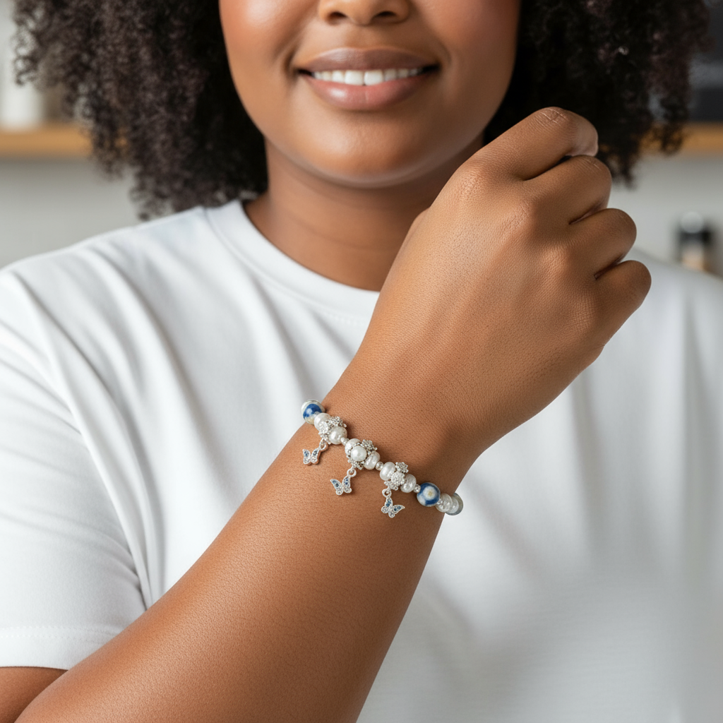 Handmade Orca Agate Stretch Bracelet with Butterfly Charms | 8” Adjustable