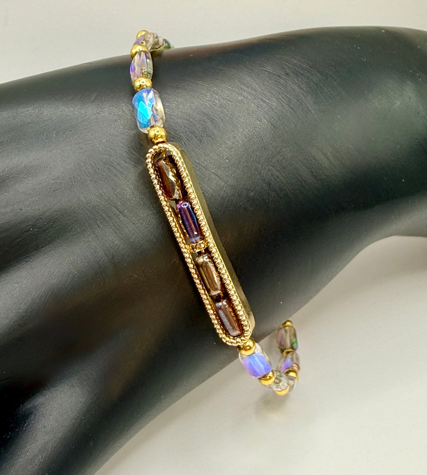AB Iridescent Glass Bar Bracelet | Gold Frame Adjustable Bracelet | Handmade Sparkle Bracelet | 7–7.75 Inch