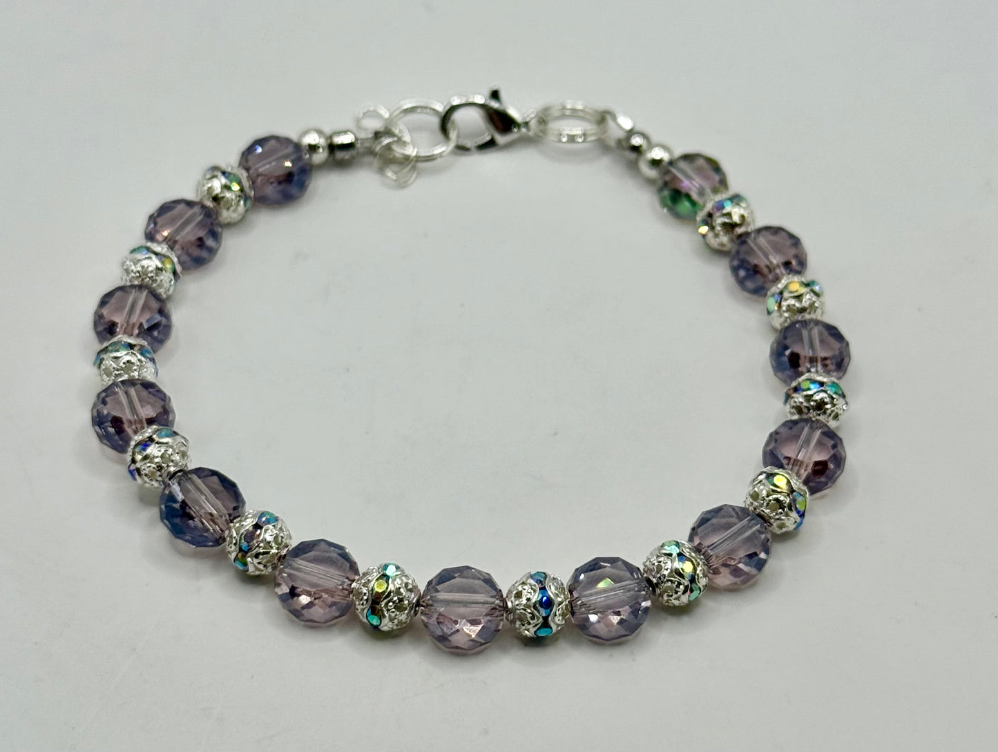 Violet Electroplated Glass Bracelet – 7.5” Clasp, Faceted Coin Beads, Handmade Jewelry Gift