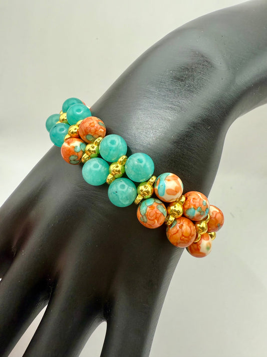 Beach Sunset and Amazonite Double Band Stretch Bracelet 7.5"