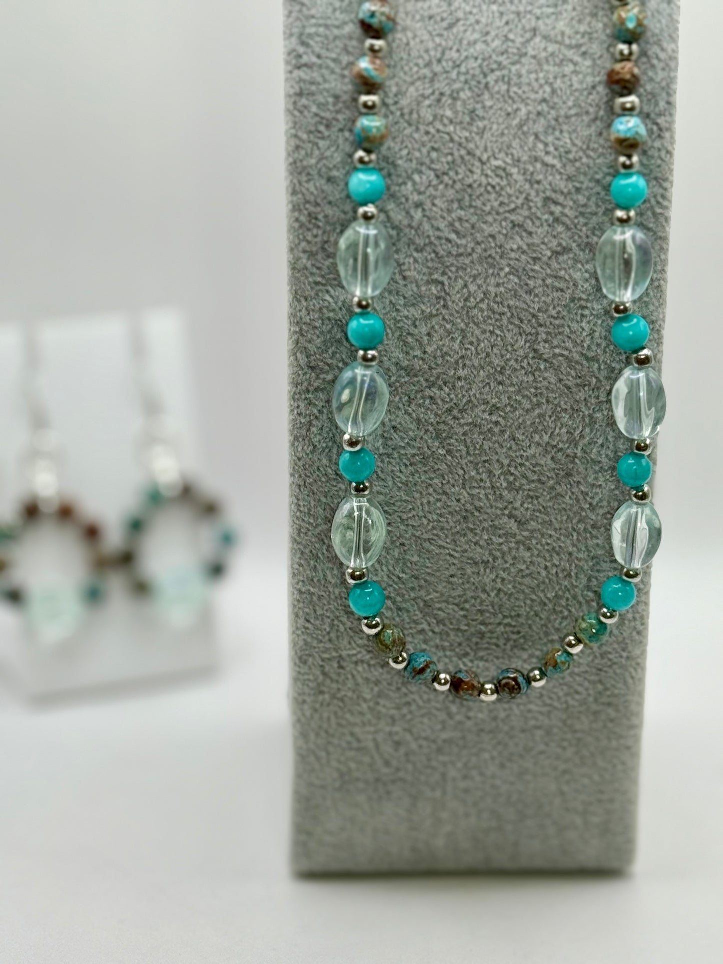 Desert Jasper and Amazonite Necklace Set – 20” Beaded Necklace with Matching Earrings, Natural Gemstone Jewelry, Handmade Gift for Her