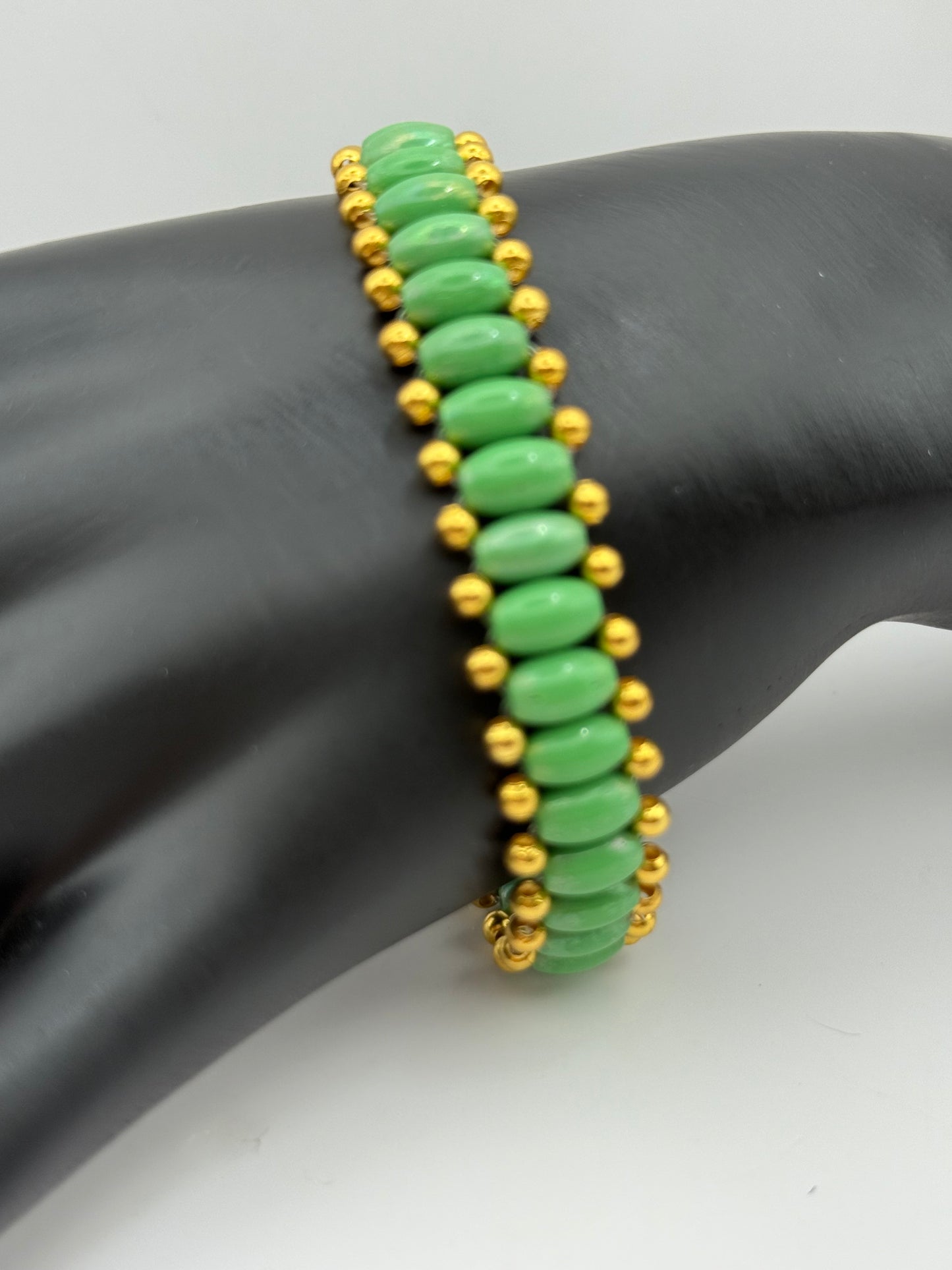 Green & Gold Beaded Stretch Bracelet – 7.5” Rice Bead Design