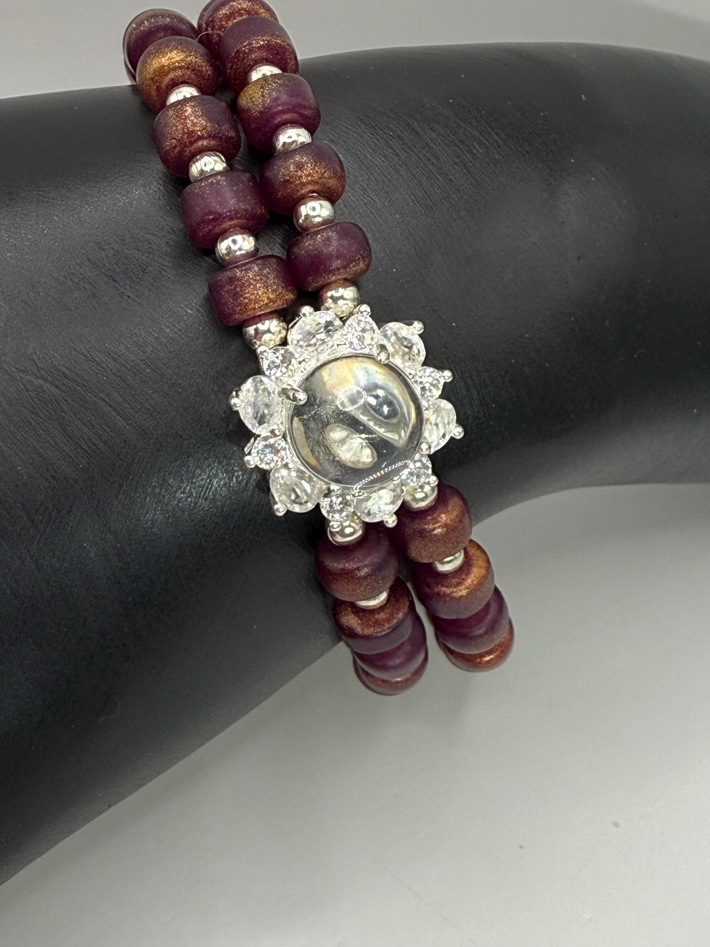 Plum and Bronze Dual Strand Beaded Bracelet – 7.5” Sparkling Focal Bracelet with Magnetic Slide Clasp – Handmade Jewelry