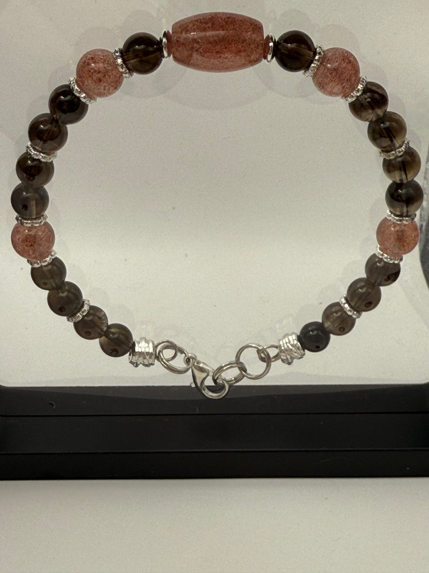 Smoky Quartz with Strawberry Quartz accents bracelet. 7.5"