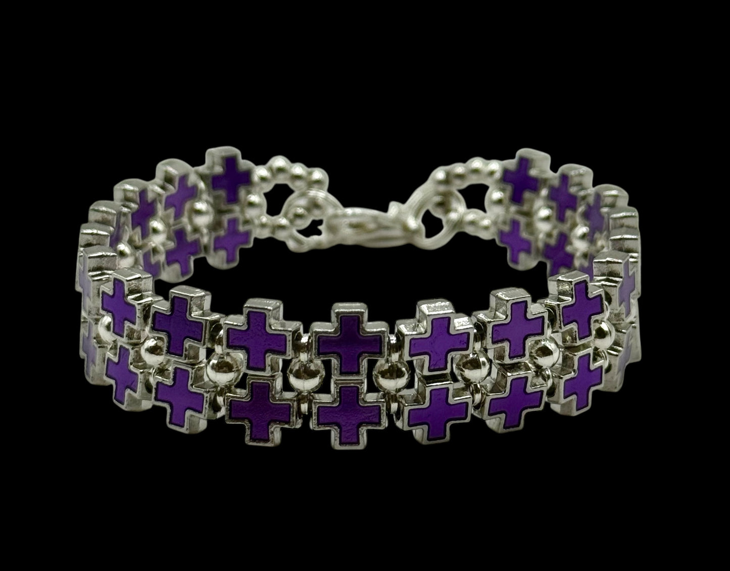 Bold Purple Cross Link Bracelet – Adjustable 7.5” to 8”, Silver-Tone Double Row Design, Unique Statement Jewelry