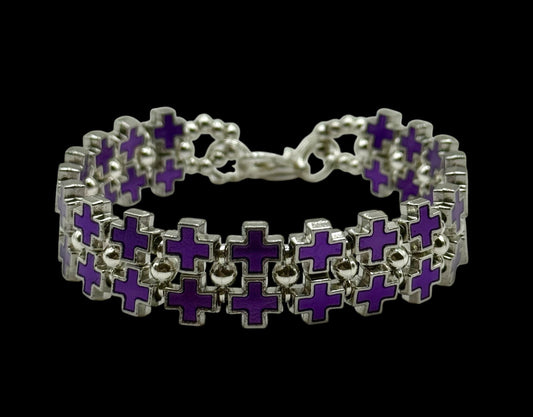 Bold Purple Cross Link Bracelet – Adjustable 7.5” to 8”, Silver-Tone Double Row Design, Unique Statement Jewelry
